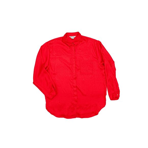 Vintage 80s Red Paisley Mens Button-Down Dress Shirt Long Sleeve Satin - Picture 2 of 4